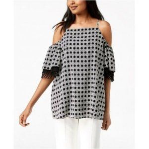 Alfani Mesh Trim Cold Shoulder Sleeve Blouse